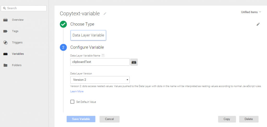 Copy text tag manager variable