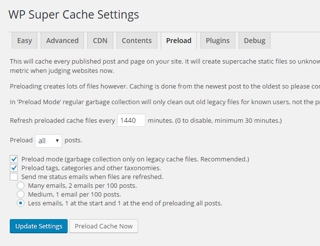 WP Super Cache settings preload